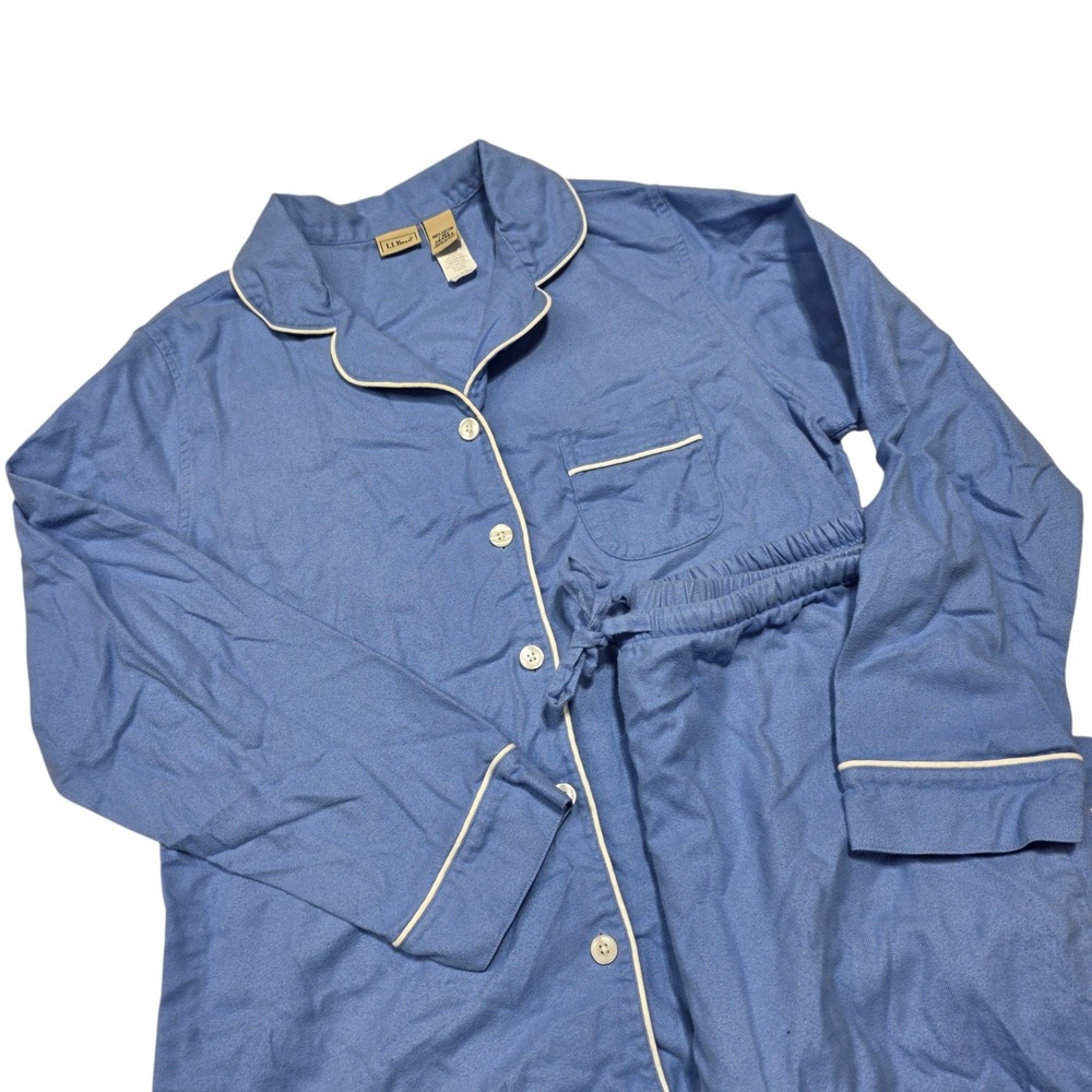 LL Bean Pajama Set Women L Blue Cotton Button Down Long Sleeve Lounge Sleepwear